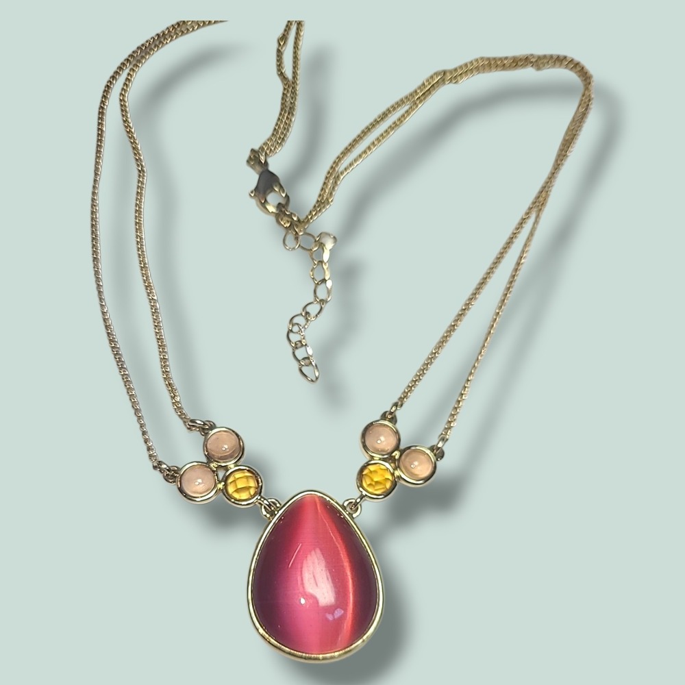 Pink Teardrop Cat Eye Statement Necklace‎ Gold Tone Double Chain 16–18"